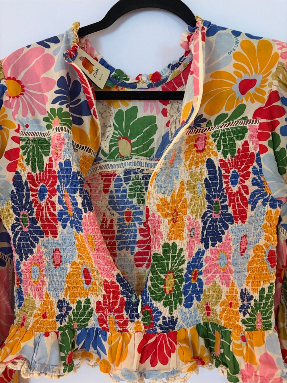 FARM Rio 100% Cotton Multicolor Floral Lace-Trim Long Sleeve Blouse -Sz XL - Picture 8 of 9